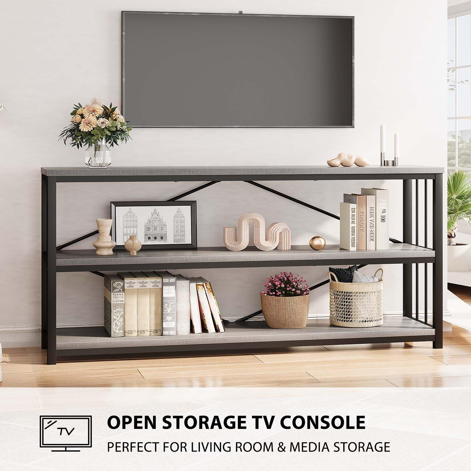 LVB Black Console Table, Modern Entryway Table for Hallway Living Room, Industrial Sofa Table Behind Couch, Farmhouse Wooden Metal Entry Table for Foyer with 3-Tier Storage Shelves, Black Oak, 55 Inch