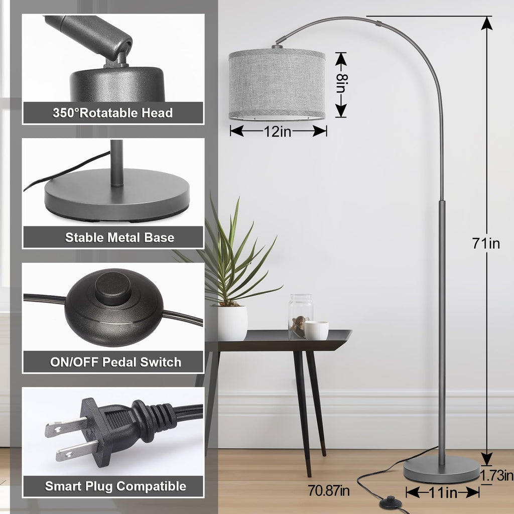 Rattan Floor Lamp, Arc Floor Lamps for Living Room, Farmhouse Standing Lamp with Adjustable Hanging Fabric Shade, Tall Pole Lamp with Foot Switch, Over Couch Arched Reading Light for Bedroom, Office