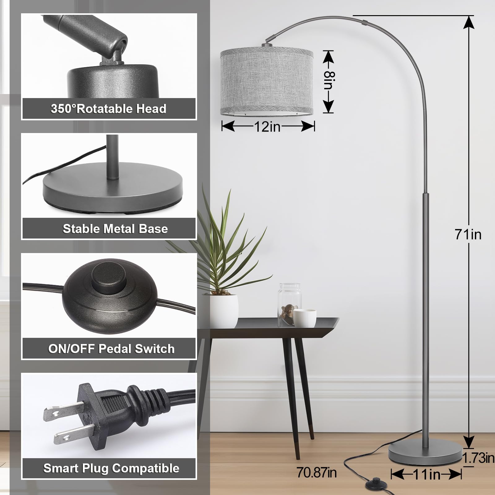 Rattan Floor Lamp, Arc Floor Lamps for Living Room, Farmhouse Standing Lamp with Adjustable Hanging Fabric Shade, Tall Pole Lamp with Foot Switch, Over Couch Arched Reading Light for Bedroom, Office
