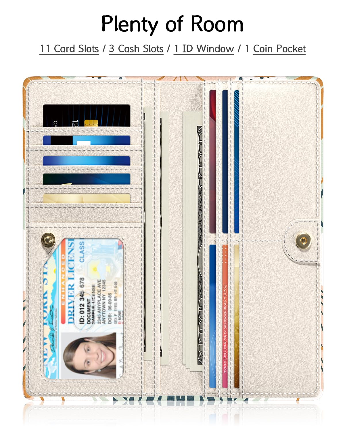 Nipichsha Womens Wallet, RFID Slim Wallets for Women, Thin Ladies Credit Card Holder Purse, Cute Leather Bifold Clutch Billfold with 11 Card Slots & ID Window, Abstract Boho Leaf