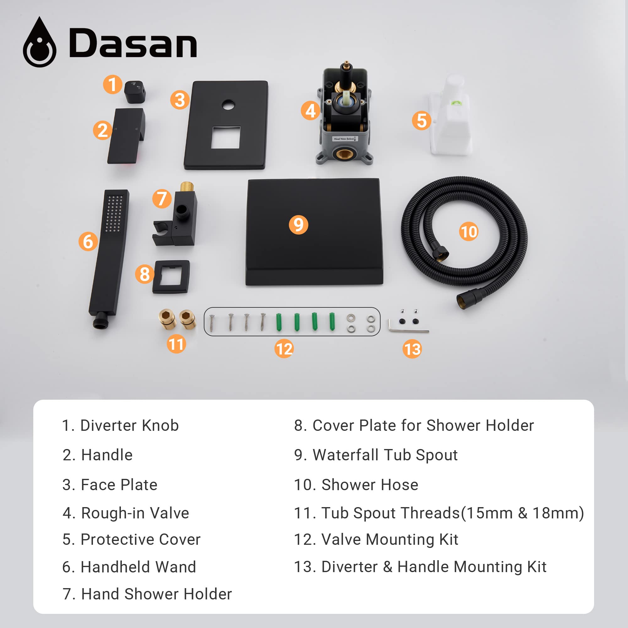 Upgraded Wall Mount Tub Filler Faucet with Handheld Shower, DASAN Modern Wall Mounted Bathtub Faucet Brushed Gold High Flow Waterfall Tub Faucet with Rough in Valve, SA-TF04WH-BG