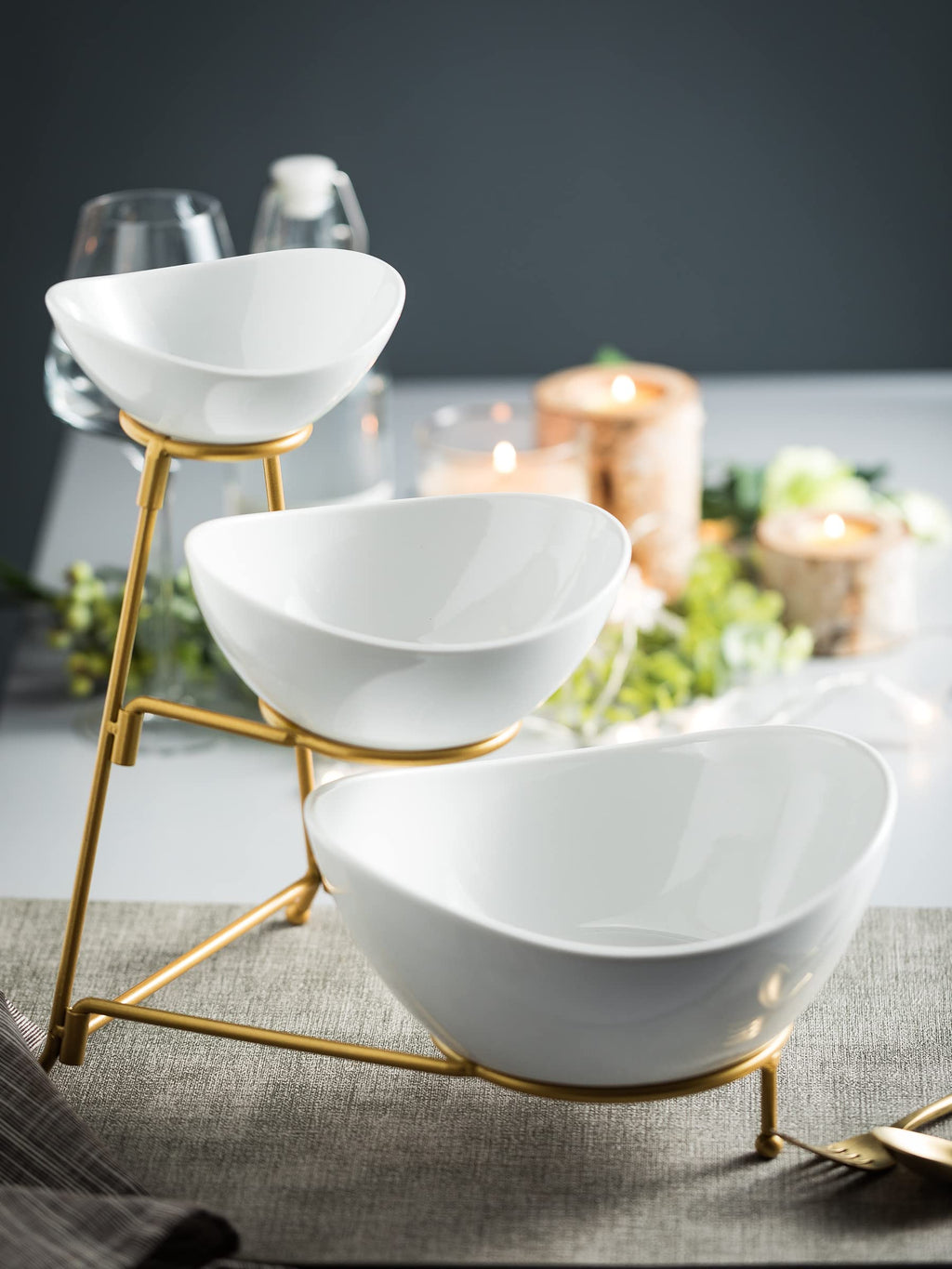 Miamolo 3 Tier Serving Bowls with Stand for Entertaining Party | Ceramic, Chip and Dip Set | Food Display for Fruit Salad Snacks | Space-saving Storage | Microwave & Dishwasher Safe