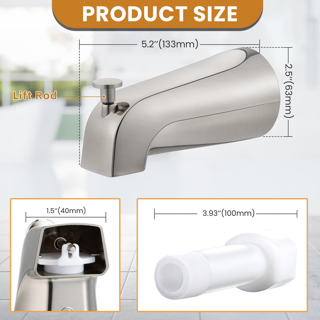 Dreyoo Tub Spout (Universal Fits 1/2" Copper Pipe, 1/2" IPS and 3/4" IPS), Bathroom Bathtub Faucet with Adapters and Hex Wrench(Brushed Nickel,Simple)