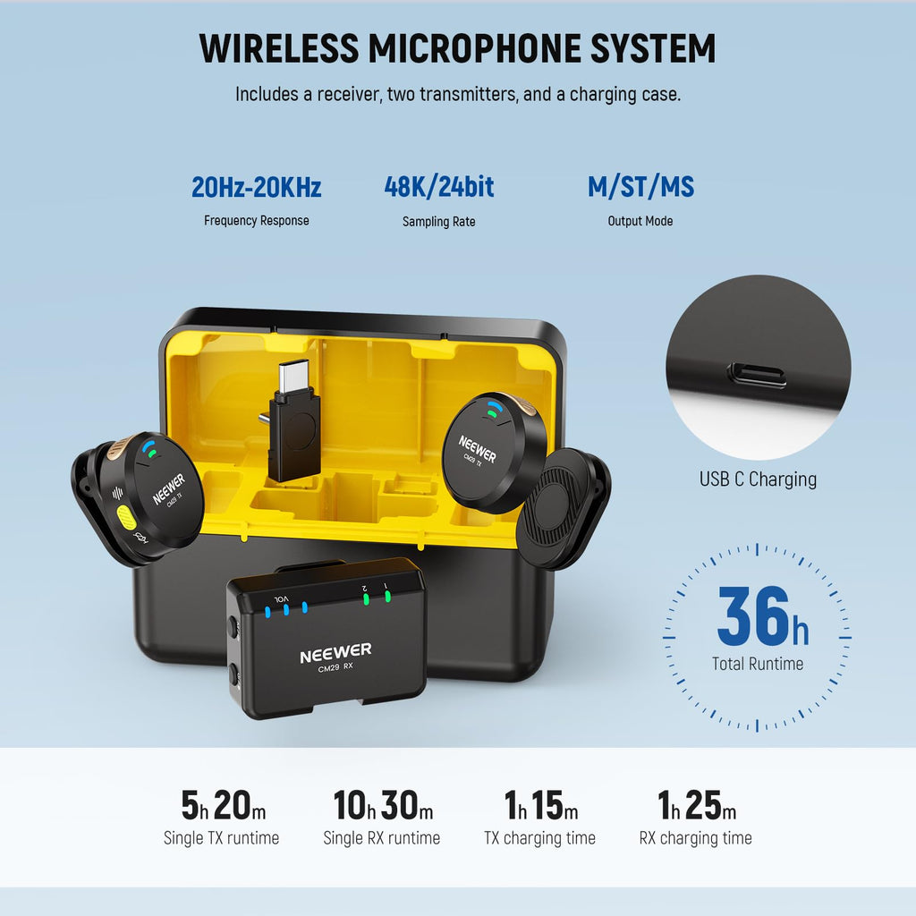 NEEWER CM28 Wireless Lavalier Microphone System, 1 Click Noise Canceling, 4GB Storage for 9Hrs of 48KHz 16 Bit Uncompressed Audio, Lapel Mic Compatible with iPhone/Android/PC/Camera/iPad