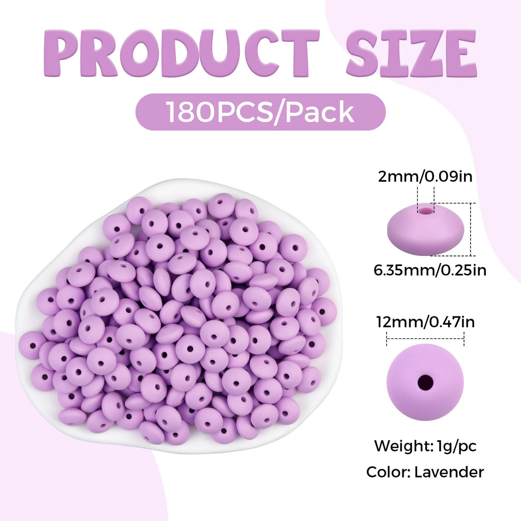 FIVEIZERO 180PCS Silicone Lentil Beads,12mm Spacer Beads | Flexible Silicone, 2mm Hole Design, Easy to Thread, Fade Resistant, Easy to Clean