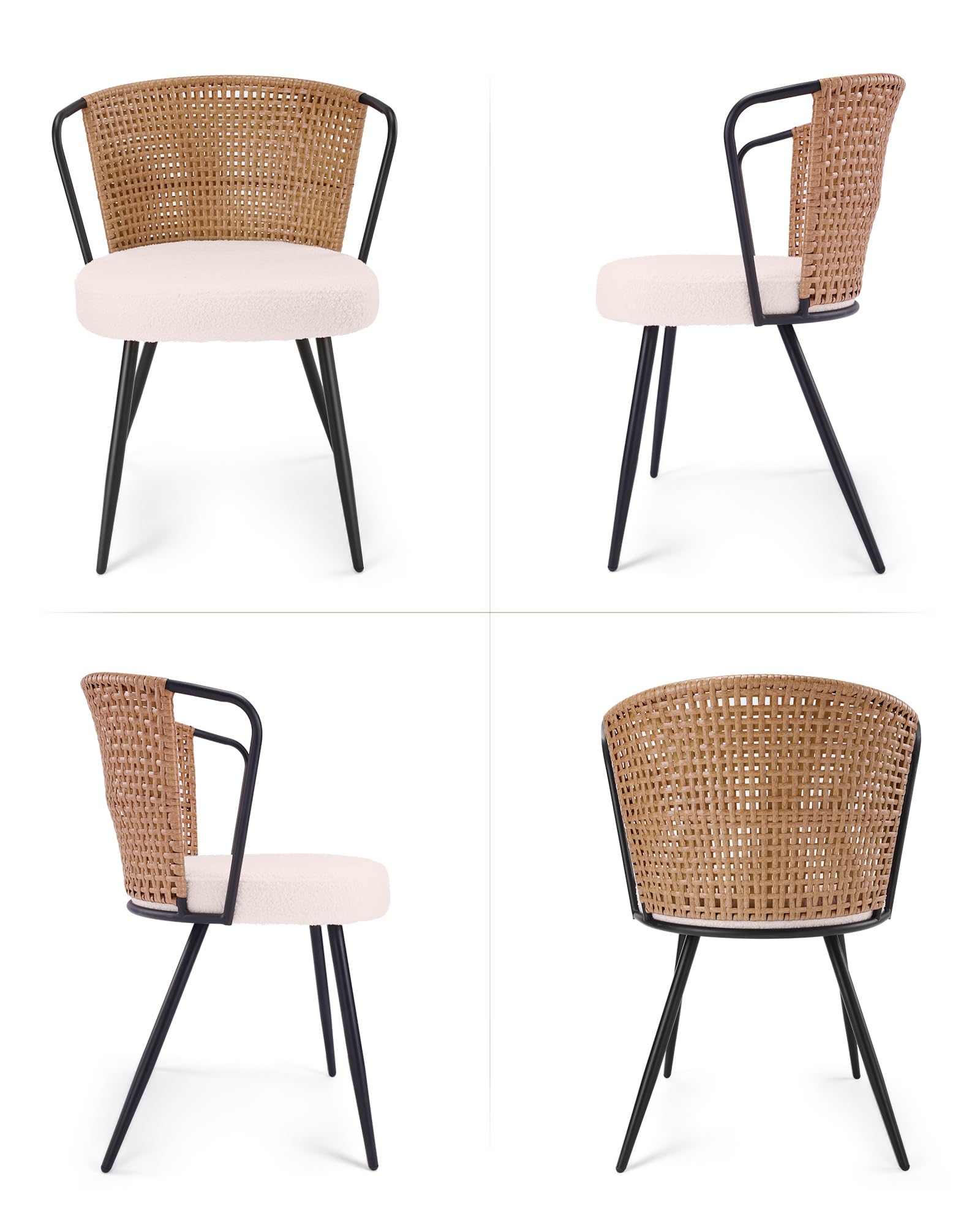 BedsPick Rattan Dining Chairs Set of 2 - Farmhouse Upholstered PE Rattan Kitchen Chair with Boucle Cushion, Wingback Dining Room Seat with Cane Back and Metal Legs for Home, Kitchen (Brown)