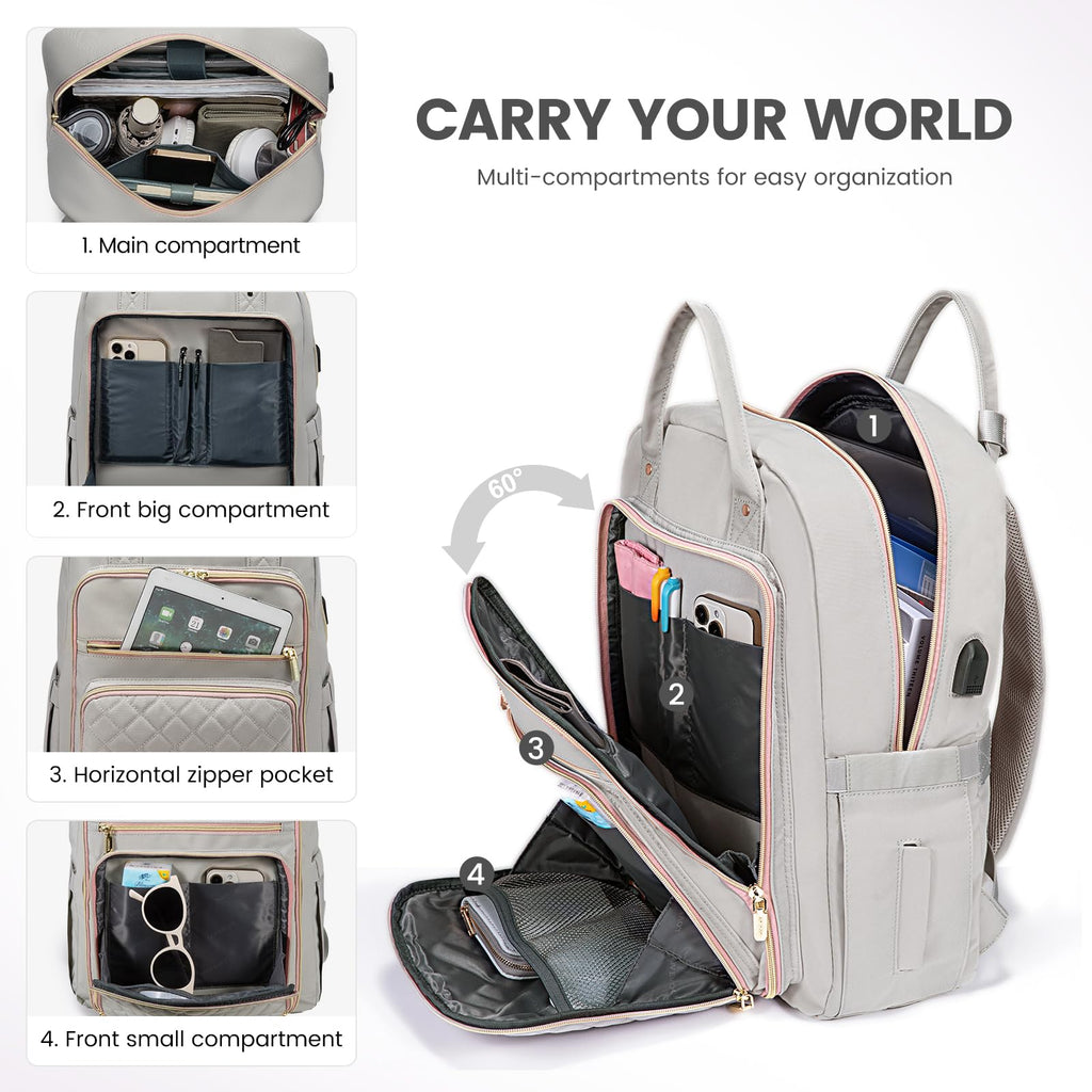 LOVEVOOK Laptop Backpack for Women, Water Resistant Travel Work Backpacks Purse College Business Teacher Nurse Computer bag with USB Charging Port