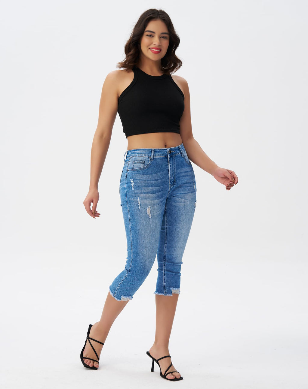 roswear Women's Capri Pants Mid Rise Skinny Ripped Stretchy Cropped Distressed Jeans