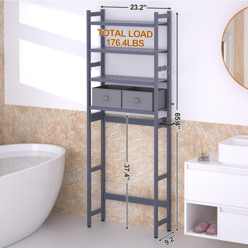 Cozivolife Over The Toilet Storage: 4-Tier Bamboo Organizer Rack with 2 Baskets & Paper Holder & 4 Hooks & Waterproof Feet Pad, Adjustable Freestanding Shelf for Bathroom (Brown)