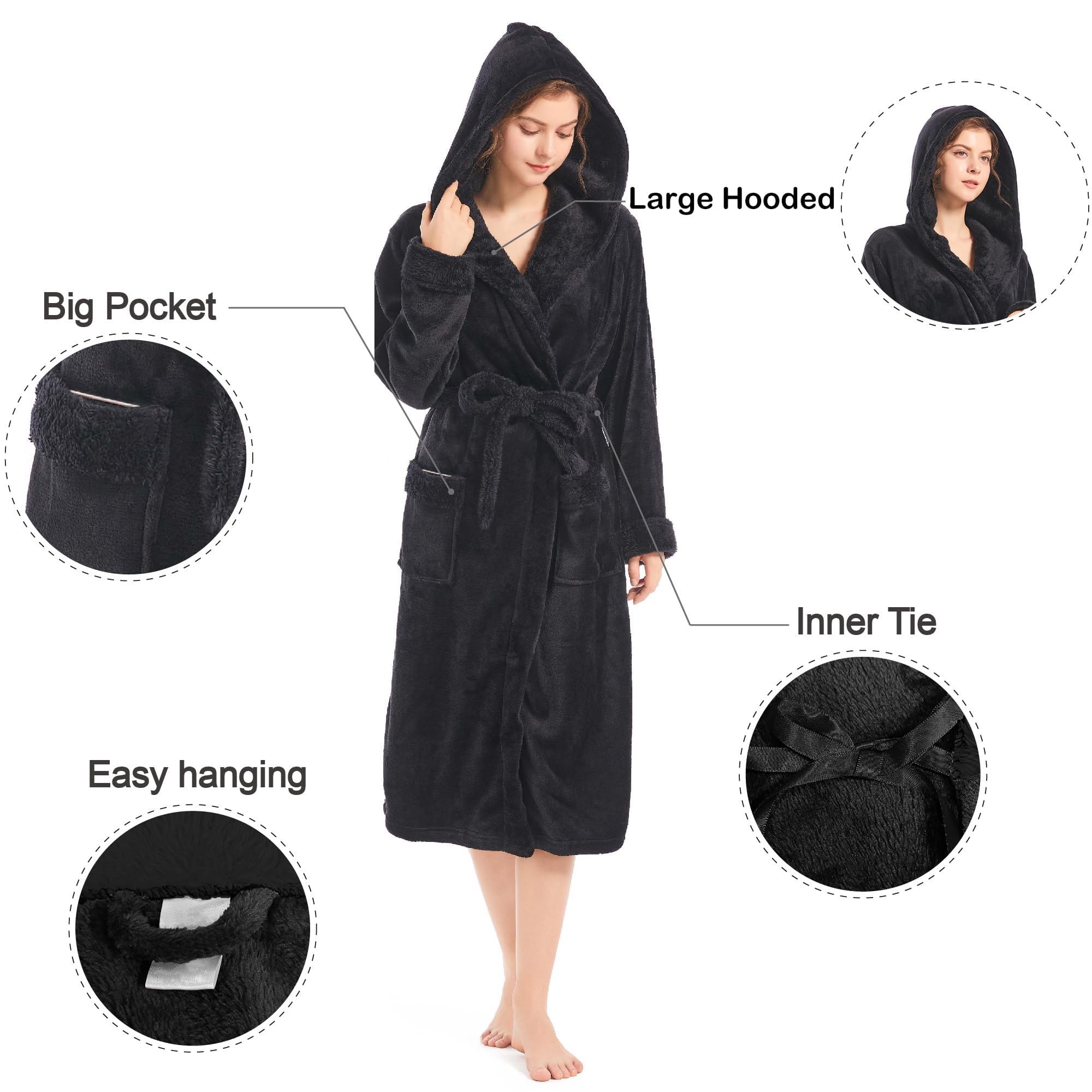 Inner Wish Women Hooded Plush Robe, Fleece Highly Absorbent Cozy Warm Bathrobe