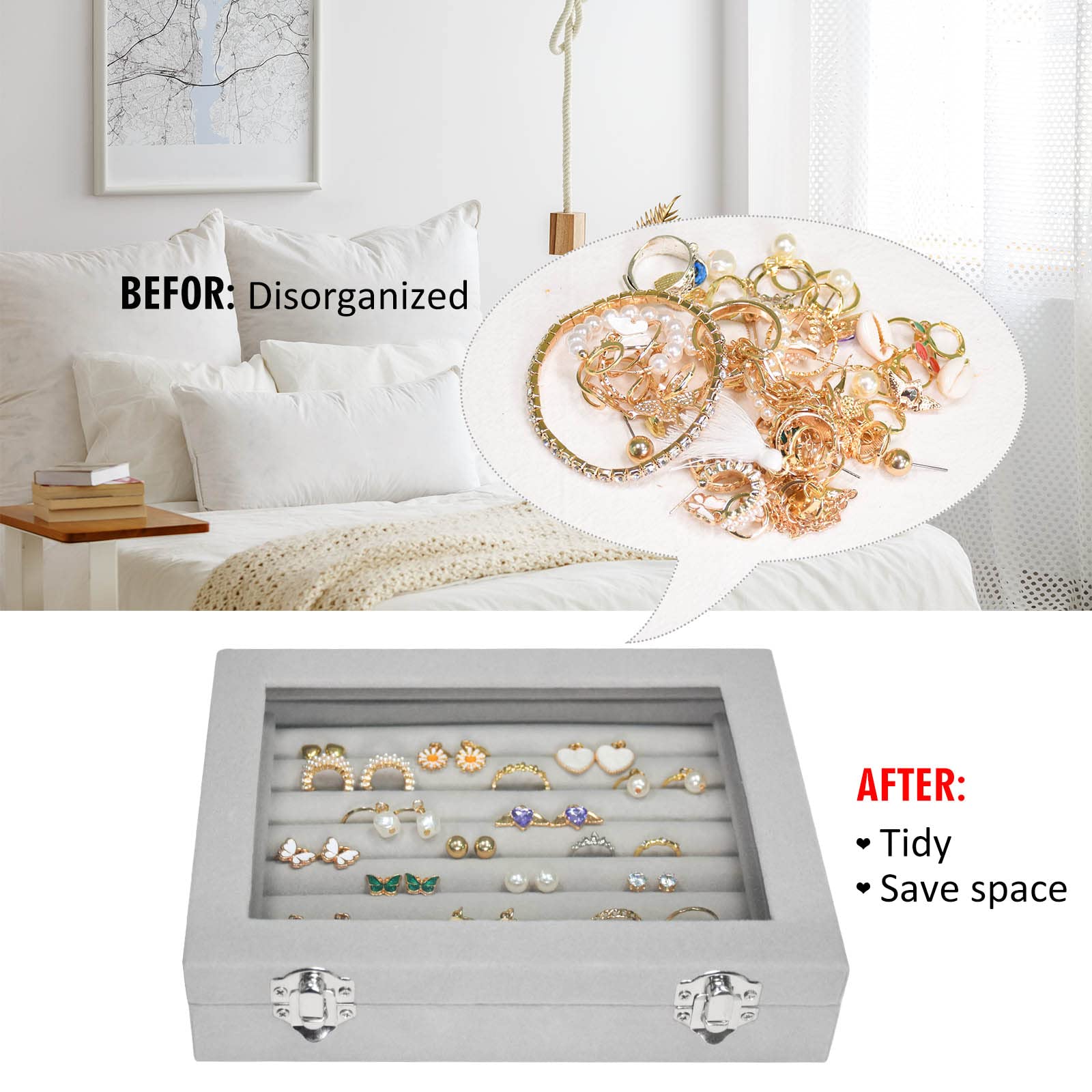 Vicoter Rings Organizer Tray 7 Slots Velvet Jewelry Earring Storage Box with Transparent lid Jewelry Display Case for Girls Wife Mom Women (Beige)