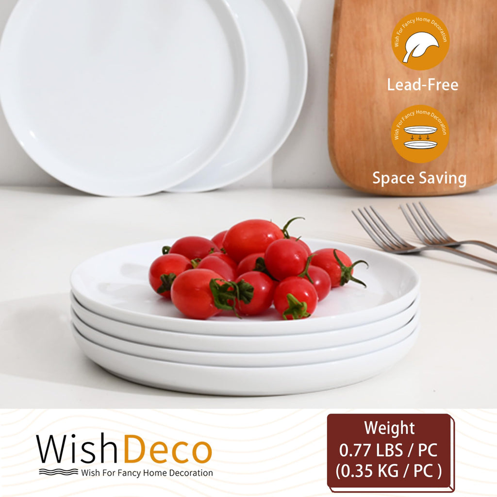 WishDeco White Dinner Plates Set of 4, Ceramic Dining Plates 10.5 inch, Large Salad Plate, Porcelain Kitchen Plate for Pizza, Steak, Microwave and Dishwasher Safe