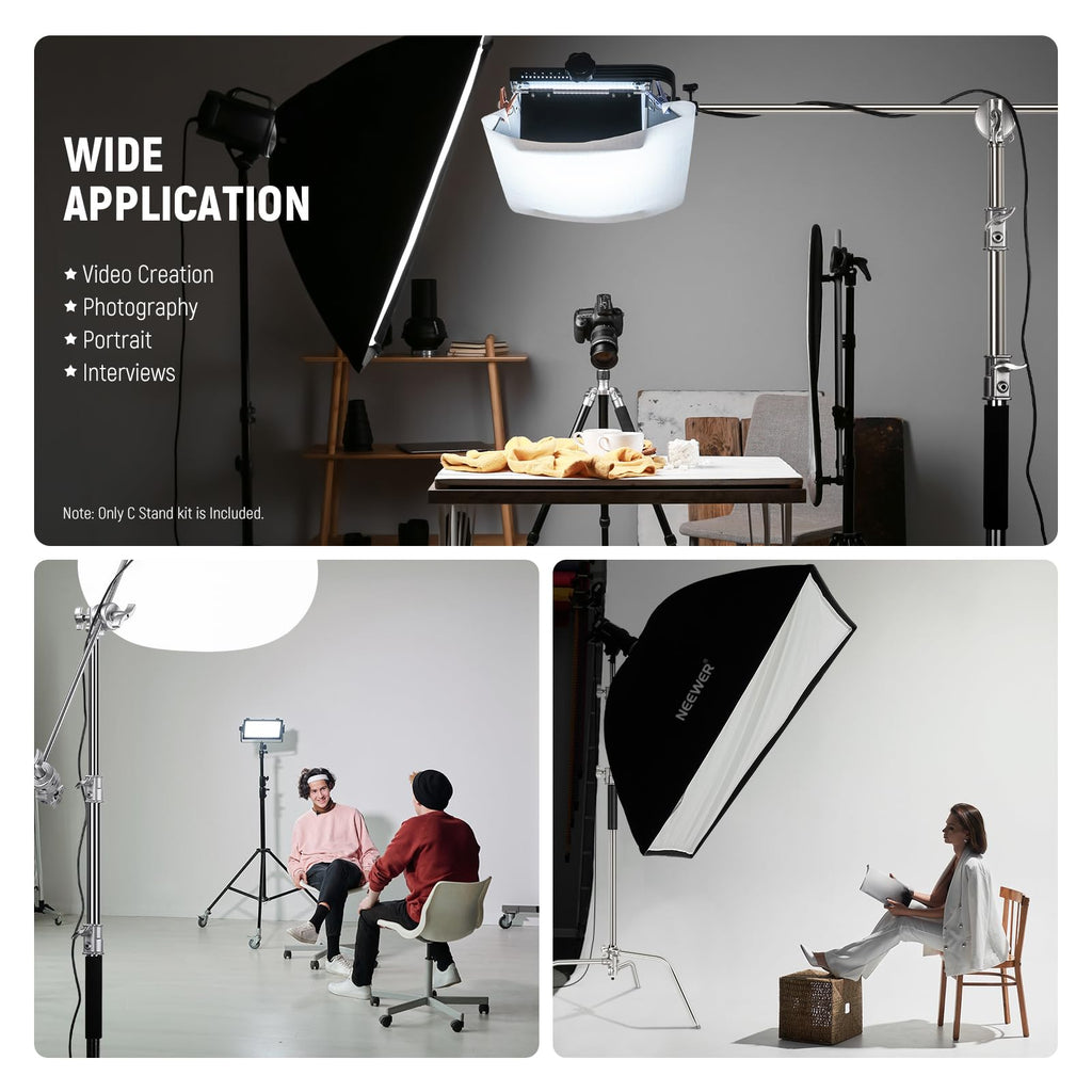 NEEWER Pro 100% Stainless Steel Heavy Duty C Stand with Boom Arm, Max Height 68"/172cm Photography Light Stand with 2.7ft/83cm Holding Arm, 2 Grip Head for Studio Monolight, Softbox, Reflector, SC172