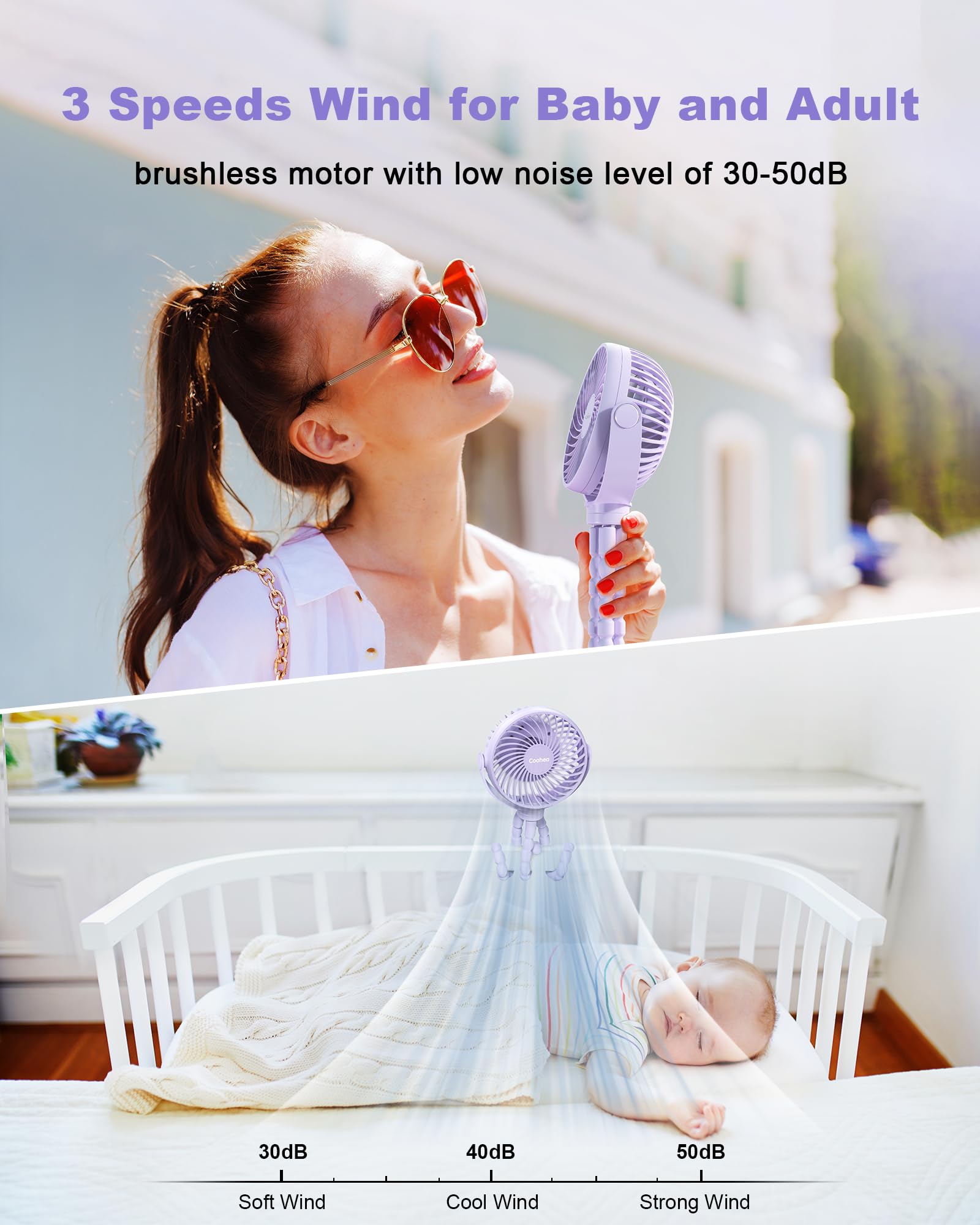 Coohea Stroller Fan Clip on for Baby, 4000mAh Rechargeable Battery Operated, Flexible Tripod, 3 Wind Speed, 360° Rotatable, Small Cooling Portable Fan for Car Seat Crib Golf Cart Bike Treadmill, Black
