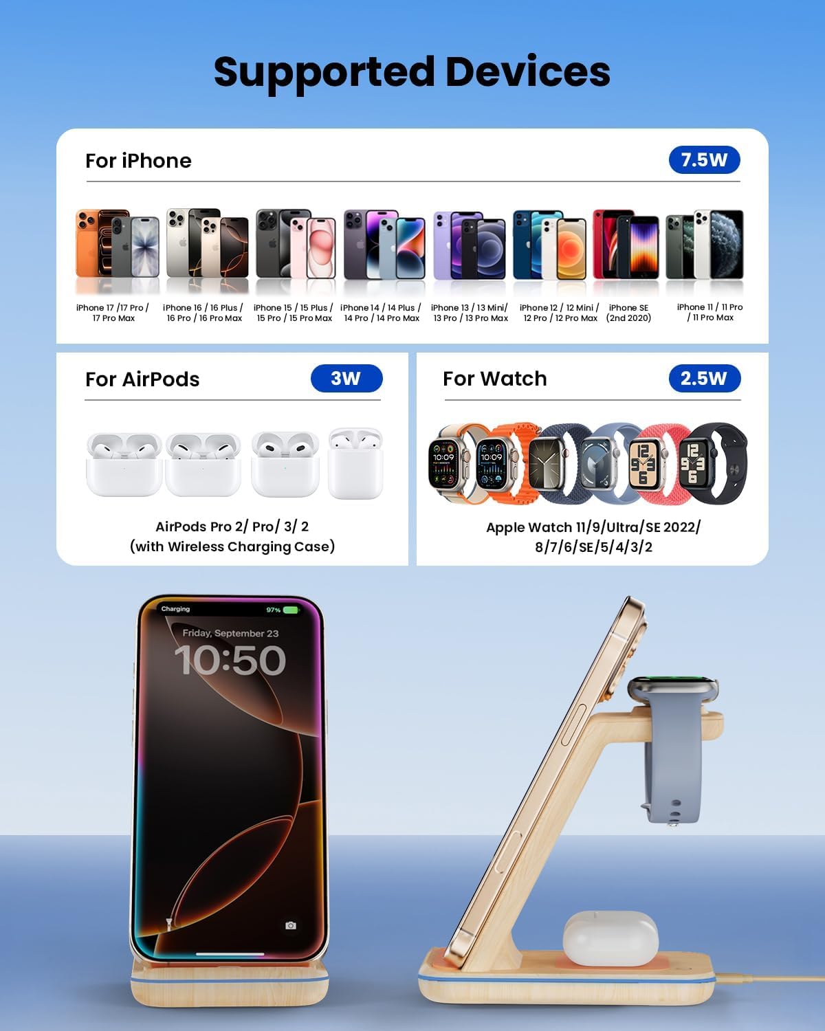 GEEKERA 3 in 1 Wireless Charging Station, Foldable Wireless Charger Stand for Multiple Apple Devices for iPhone 17 16-8, Apple Watch Ultra//11/10/9/SE/8/7/6/5, AirPods Pro/4/3/2