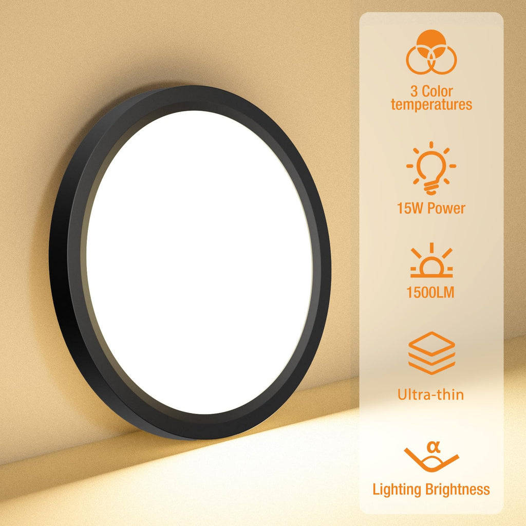1PACK LED Flush Mount Ceiling Light Fixture, 3000K-4000K-6500K & 100W Equivalent Modern Kitchen Ceiling Lamp 15W 1500Lm 7.5 Inch Closet Round Surface for Bathroom Laundry Bedroom Hallway, Black