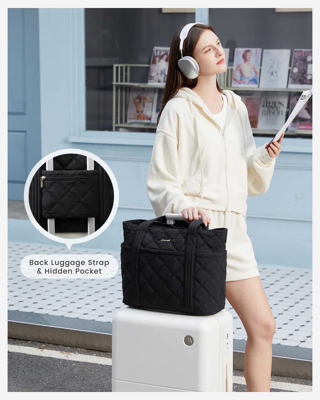LOVEVOOK Puffer Tote Bag for Women, Puffy Work Handbag with Cup Holder, Travel Carry On Bag with Zipper for Teacher Nurse Gym