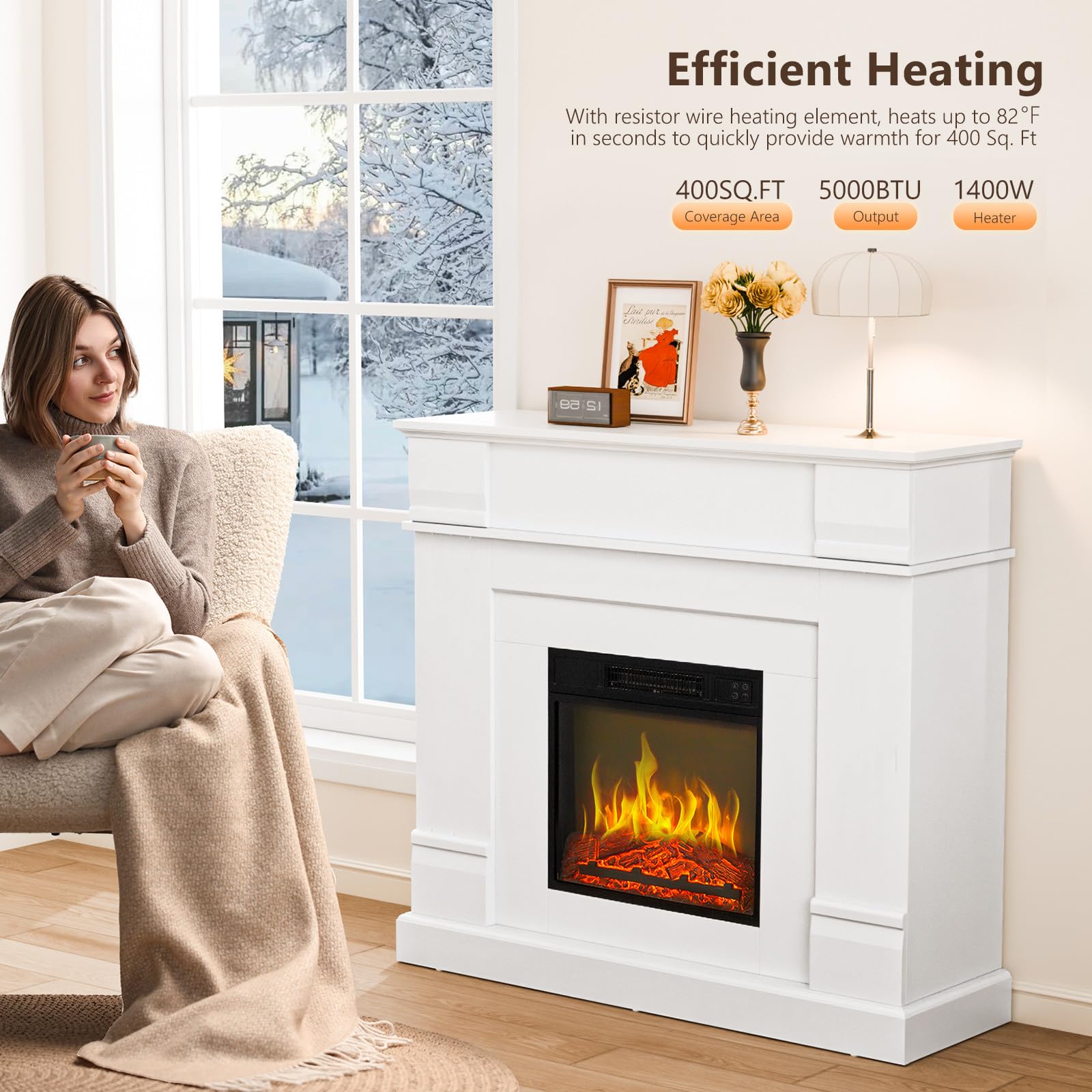 ROVSUN 47'' Electric Fireplace with Mantel, Freestanding Heater with Timer, 6 Realistic Flames & Adjustable Temperature for Home Bedroom Living Room Indoor, 1400W