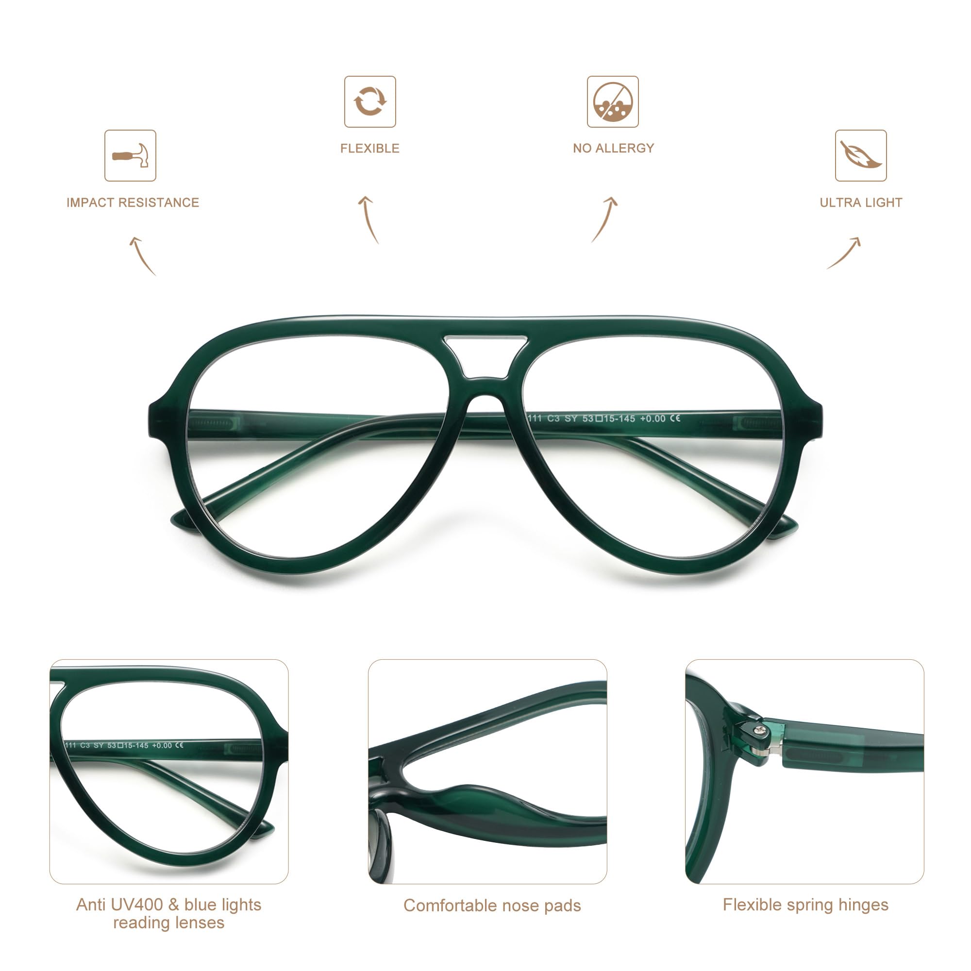 AMOMOMA 3 Pack Retro Oversized Aviator Reading Glasses for Women Men,Classic Large Reader Blue Light Computer Frame AM6111