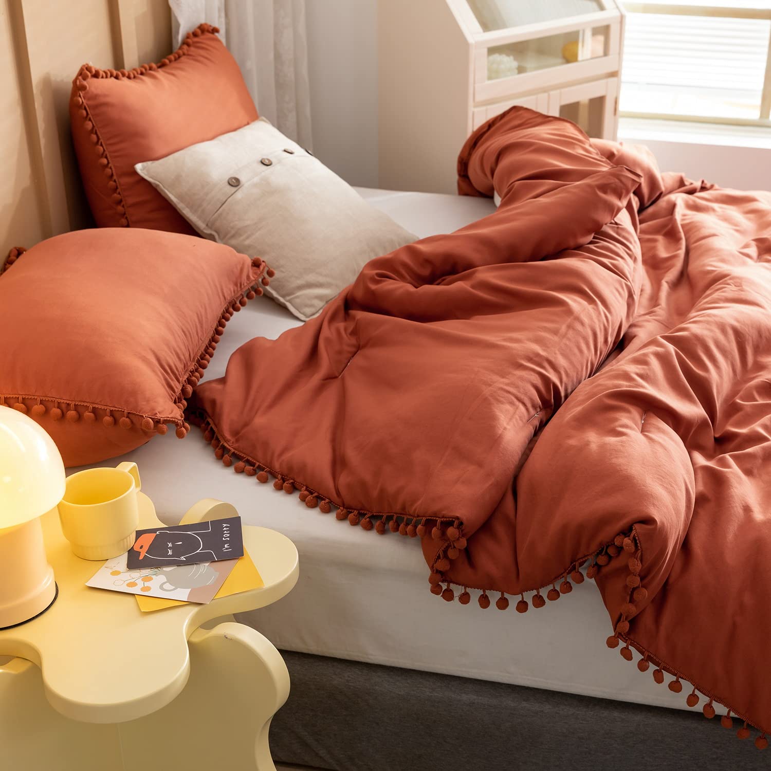 YIRDDEO Twin Comforter Set - Comforter Twin Size Bed with Ball Pom Fringe, Soft Bedding Set for All Seasons - 2 Pieces, 1 Comforter (66"x90") & 1 Pillow Sham(20"x26"), Beige