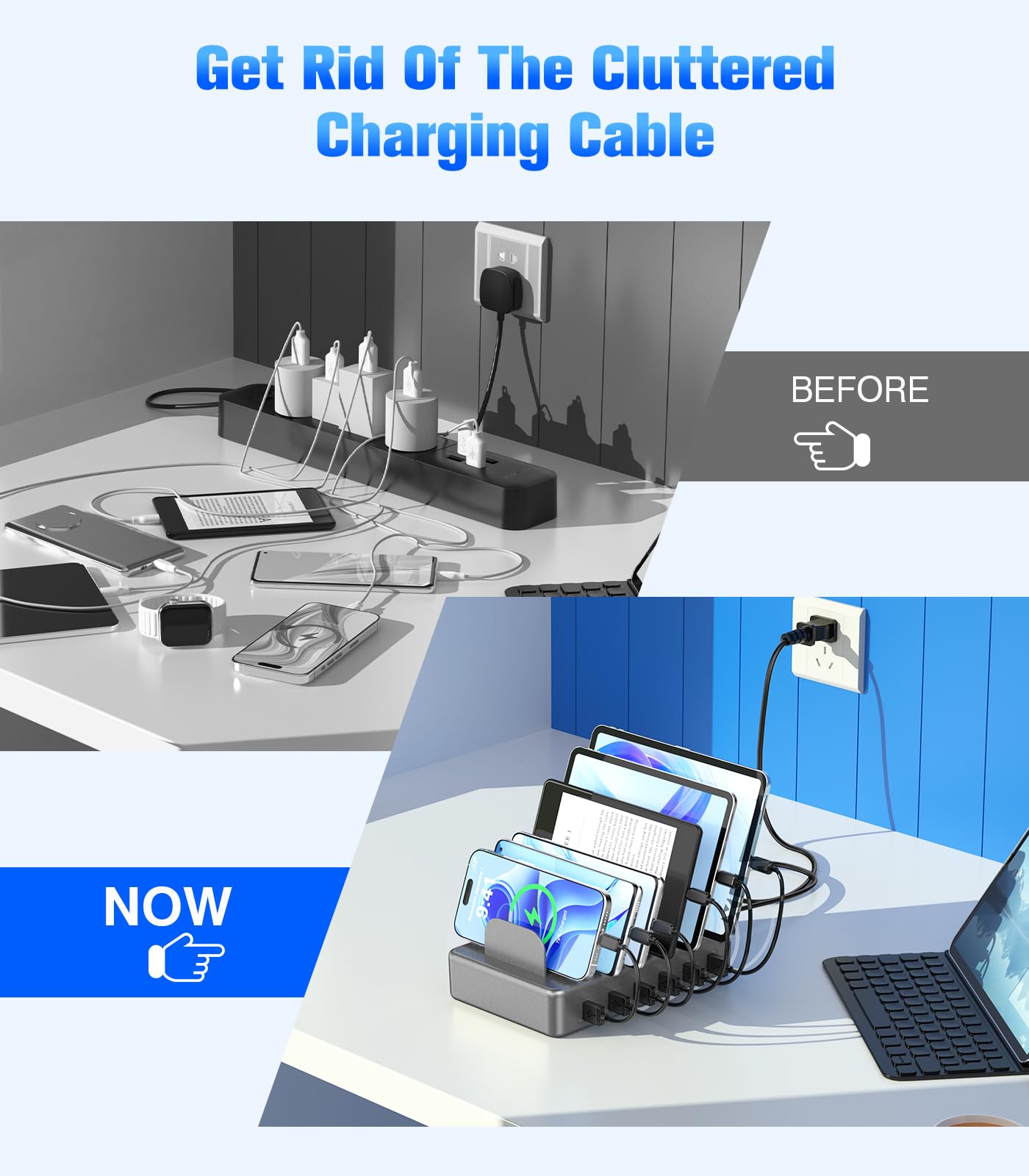 CREATIVE DESIGN 50W 6 Ports Multi Charger Station with 6 Charging Cables, USB Charging Dock for Multiple Devices, Compatible with Cellphone iPad Kindle Tablet and Other Electronic Devices