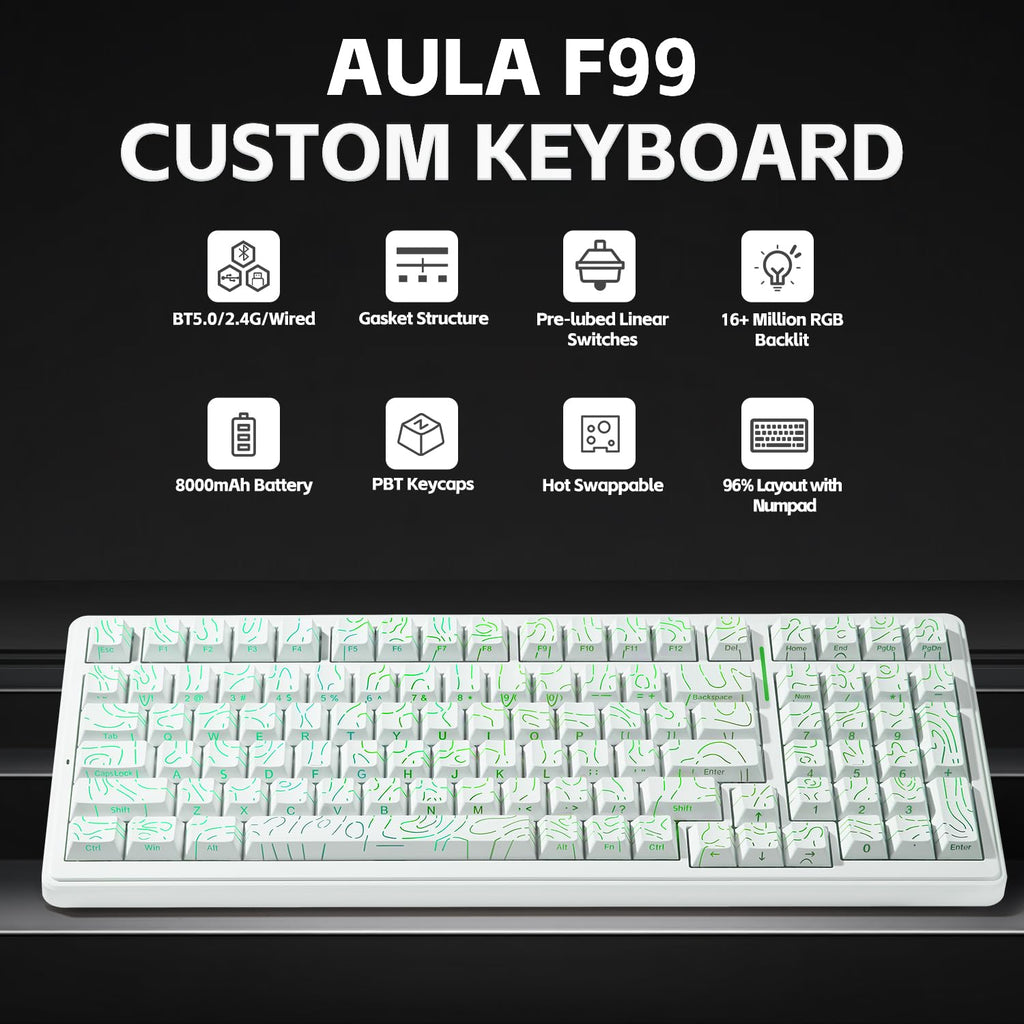 Aula F99 Mechanical Gaming Keyboard, Wireless Creamy Keyboard Hot Swappable Custom Keyboards Rechargeable, Tri-Mode BT5.0/2.4GHz/USB-C, Pre-lubed Linear Switches, RGB Backlit, Gasket Structure