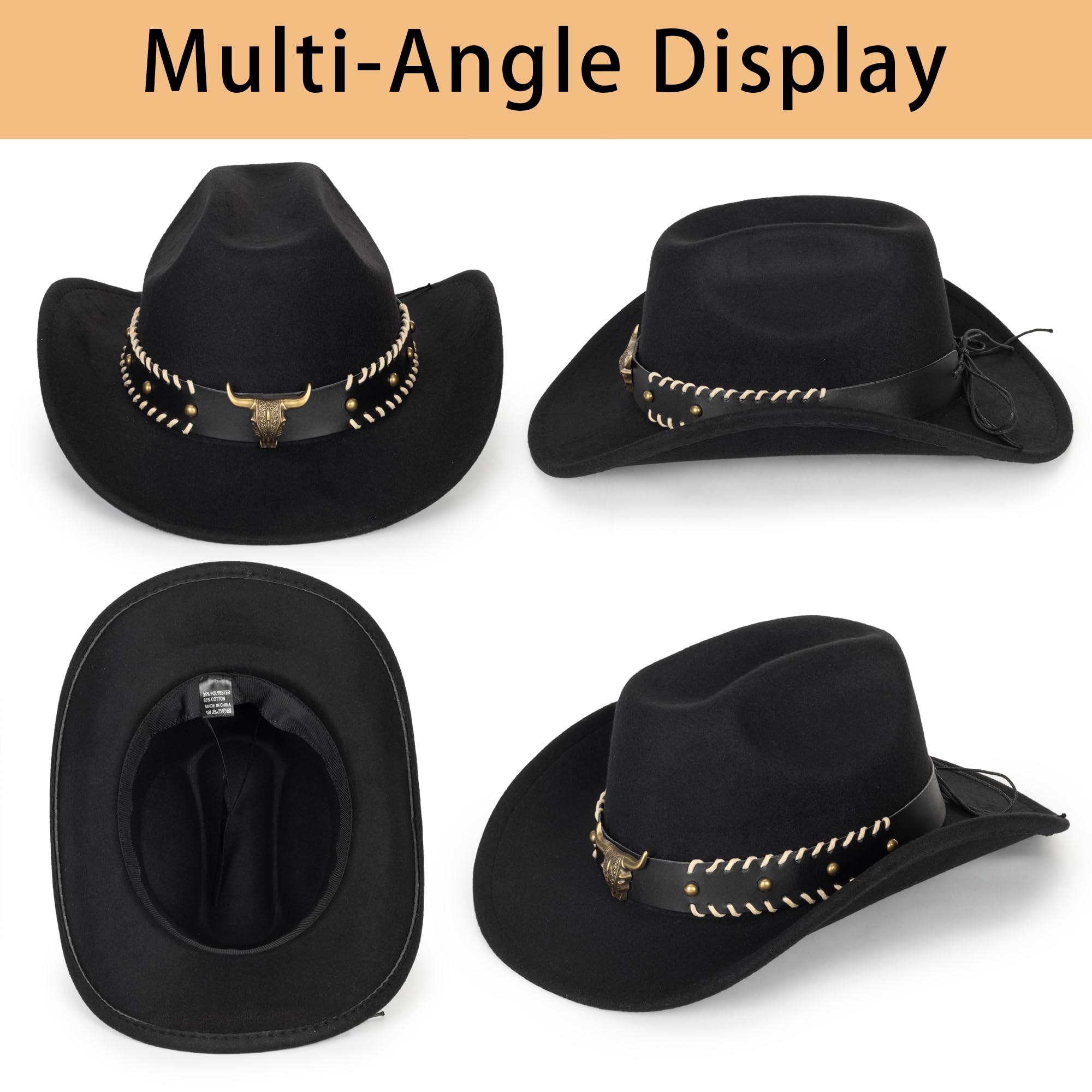 Eohak Womens Western Cowboy Hats Studded Pinched Western Cowgirl Hats Wide Brim Fedoras Hat with Belt Buckle (Size:Medium)