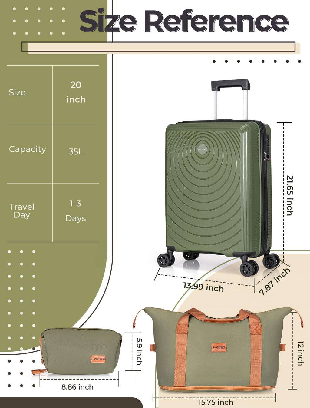 CONCEPTEN Luggage Sets,Suitcases with Wheels, Hardshell Suitcase Set, PP Carry on Luggage Set with TSA Lock, Travel Luggage (Black, Bag Type)