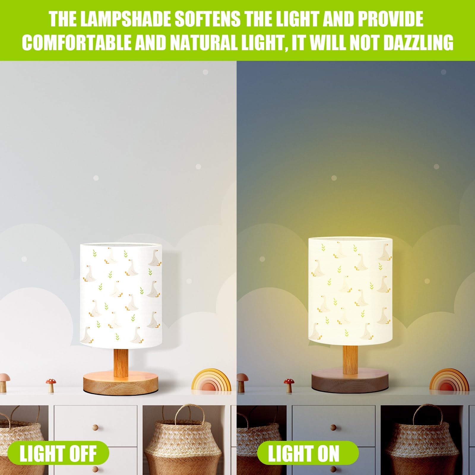 VIHOSE Woodland Animals Kids Table Lamp for Bedroom Kids Bedside Lamp with Linen Wooden Nightstand Cartoon Nursery Lampshade for Girls Boys Living Room