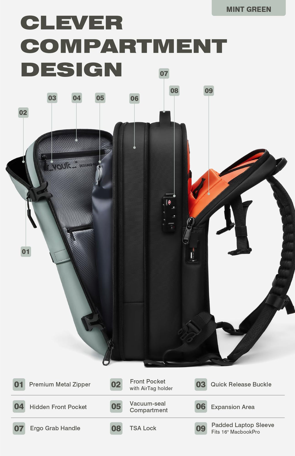 AirVault Vacuum Seal Travel Backpack 60L with Expandable HyperSeal Air Compression Vacuum System Water Resistant TSA Lock (Vacuum Pump Included, Black, 60L)