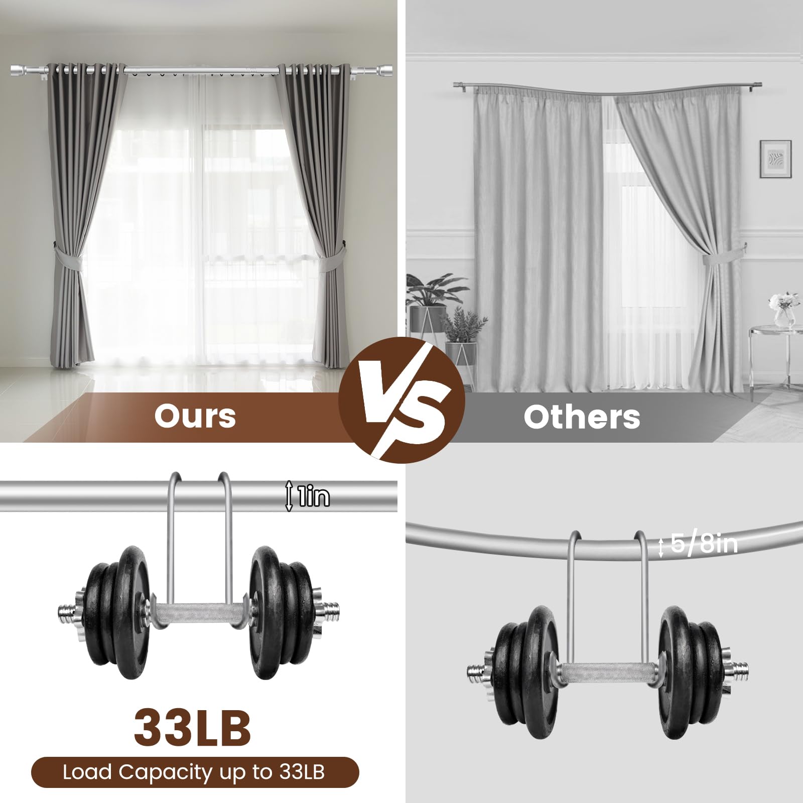 1” Diameter brown curtain rod Itself is 30 to 60 inch. 1 Pack Fits 30-54 inch Windows with Heavy Duty Adjustable brown curtain rods Splicing Metal Extra Long Curtain Rod