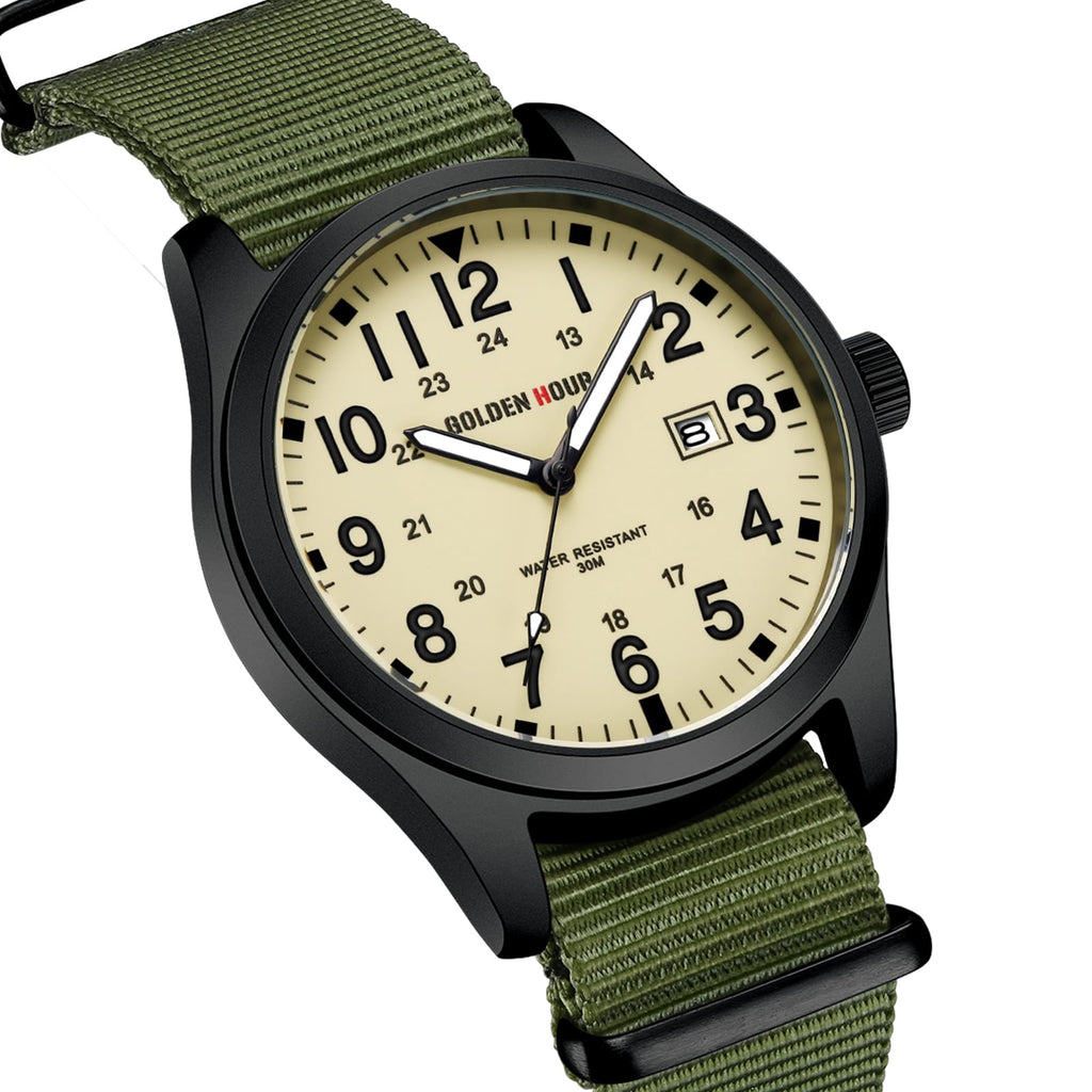 GOLDEN HOUR Men's Nylon Slip-Thru Strap Watch with Military Time Easy Read Dial Glowing Hands