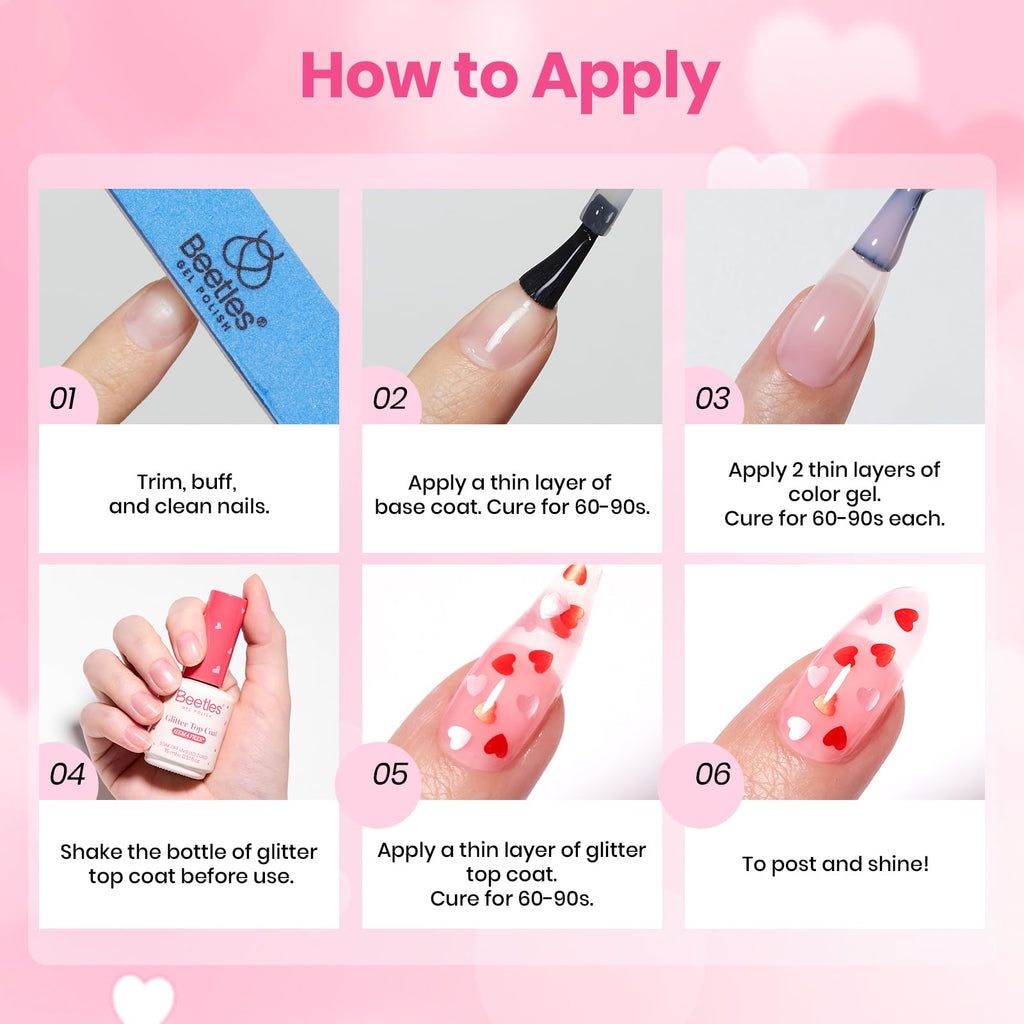 Beetles Heart Gel Top Coat 15ml - Hema Free Glitter Shine No Wipe Top Coat Long-Lasting for Gel Polish, Pink Heart Sparkle Soak Off UV LED Gift for Women