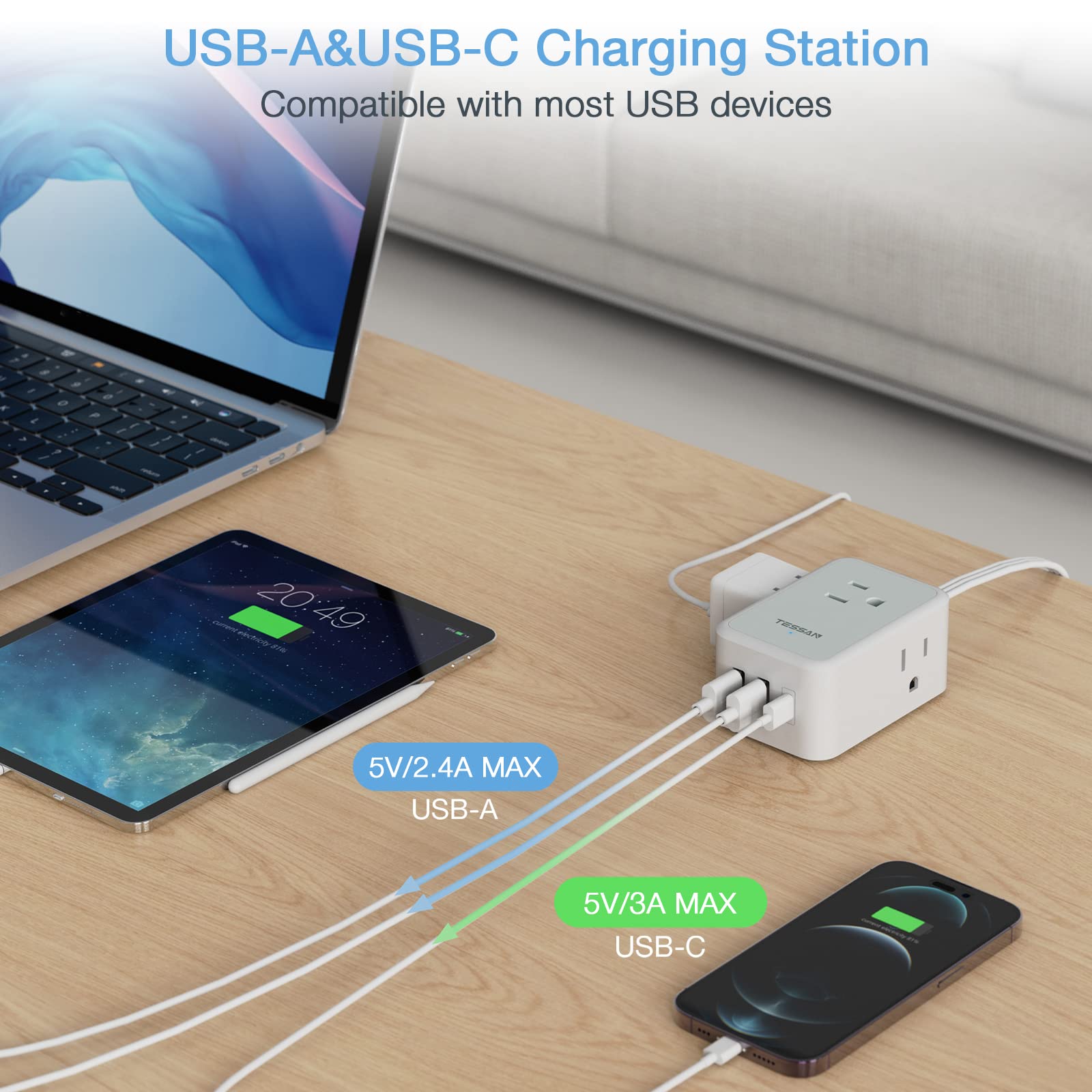 TESSAN Small Flat Plug Power Strip, Ultra Thin Extension Cord 5 ft, 3 AC Outlets with 3 USB Ports (1 USB C), Multiple Wall Outlet Extender for Cruise Travel Office School Dorm Room Essentials, Black