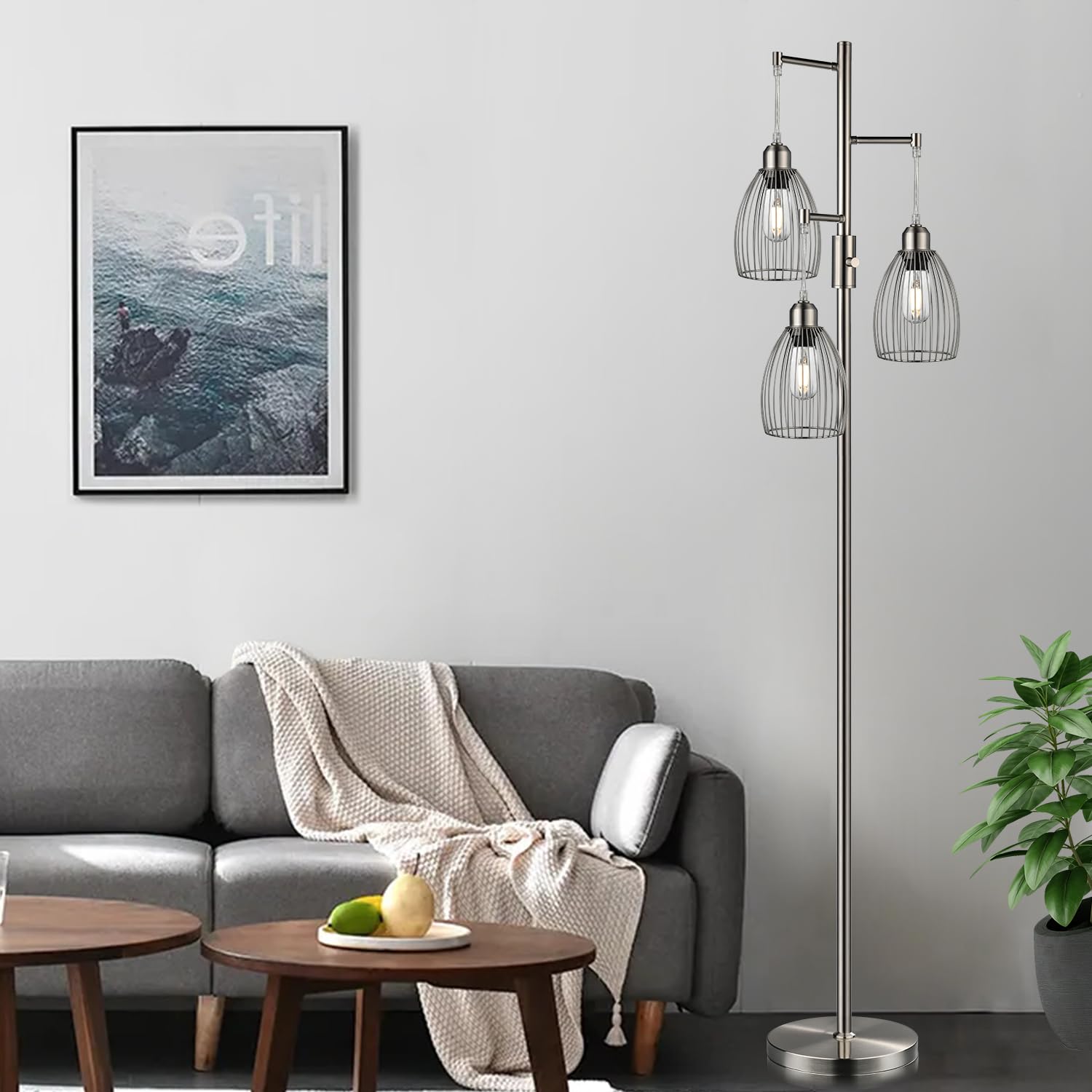 Dimmable Floor Lamp, 3 x 800LM LED Edison Bulbs Included, Farmhouse Industrial Floor Lamp Standing Tree Lamp with Elegant Teardrop Cage Tall Lamps for Living Room Bedroom Office Dining Room-Brass