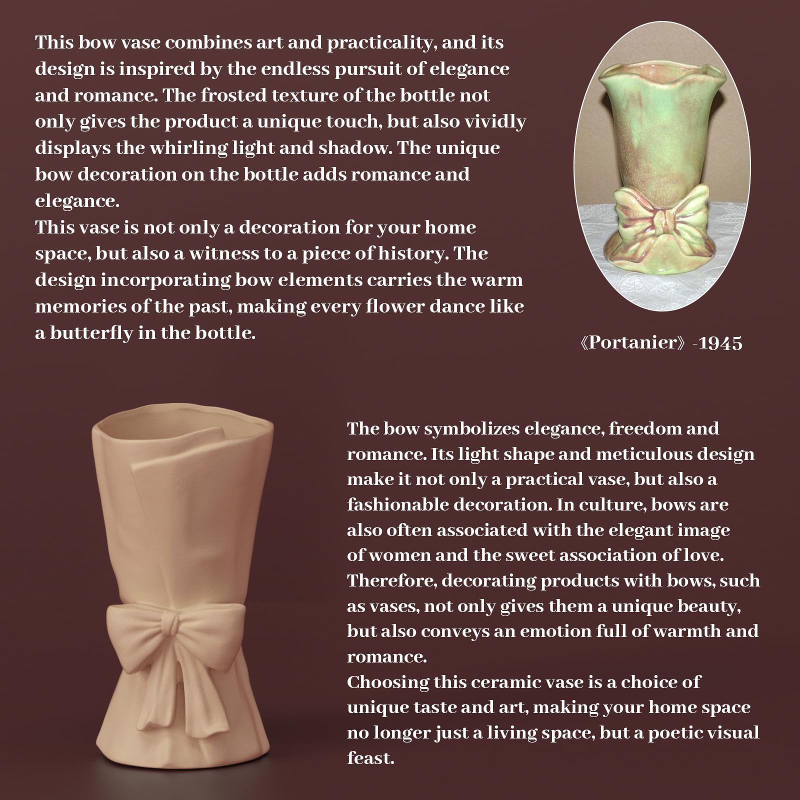 Relexome Beige Ceramic Bow Vase 9.64 in Unique Cute Modern Decorative Bouquet Flower Vases for Home Living Room Table Decor Women Girl Gifts
