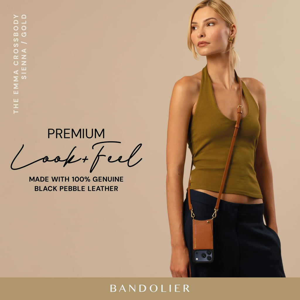 Bandolier Emma Crossbody Wallet Phone Case for iPhone 15 Pro Max. 100% Genuine Pebble Leather. Adjustable & Removable Crossbody Strap. Card Holder with Snap Closure. Black with Gold Hardware