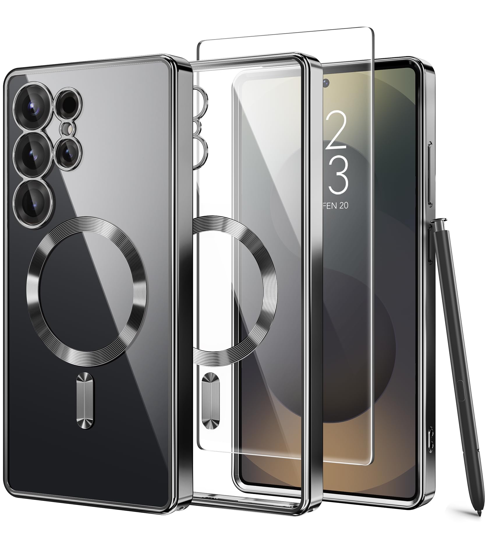 Magnetic Case Compatible with Samsung Galaxy S25 Ultra,Compatible with MagSafe,[Full Camera Protection][Screen Protector] Shockproof Plating Clear Phone Cover for Galaxy S25 Ultra(Black/Clear)