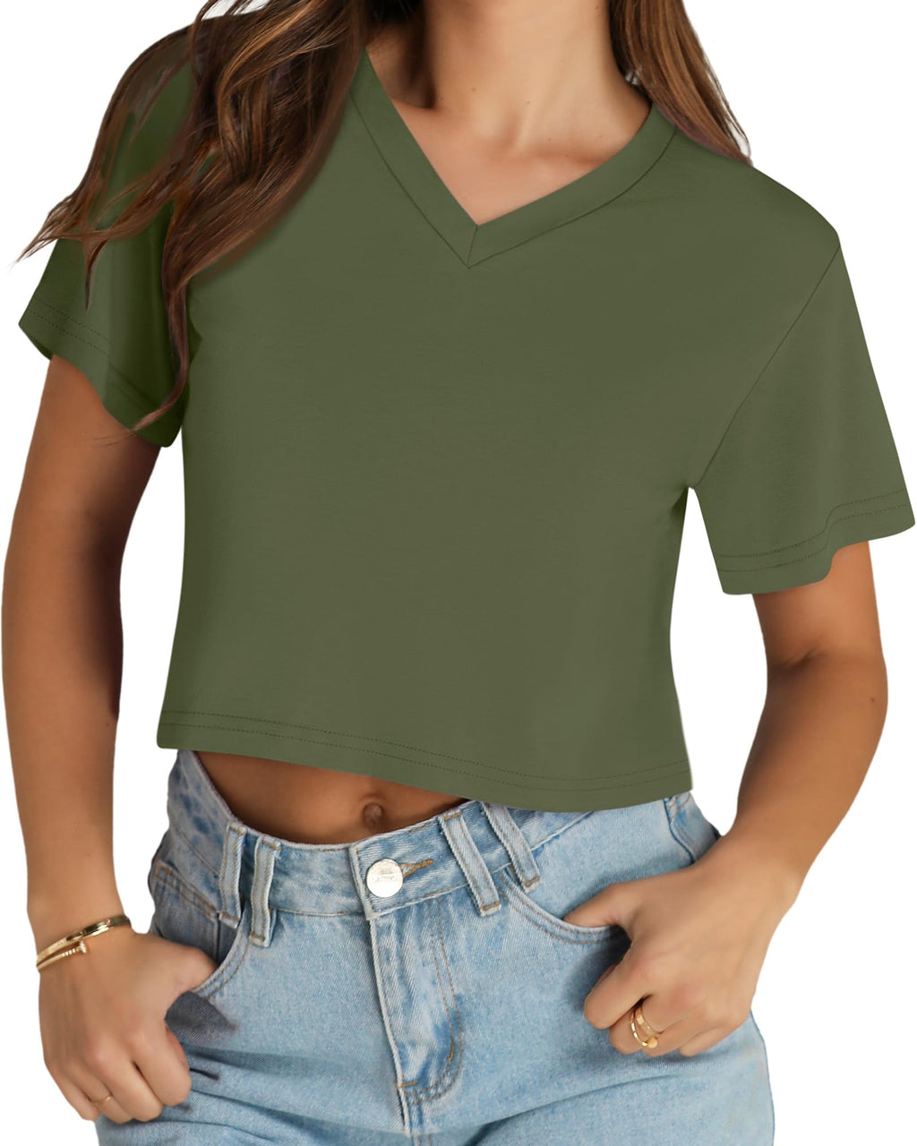 Womens Crop Tops Summer Baisc Tees V Neck T Shirts Casual Short Sleeve Cropped Top 2026
