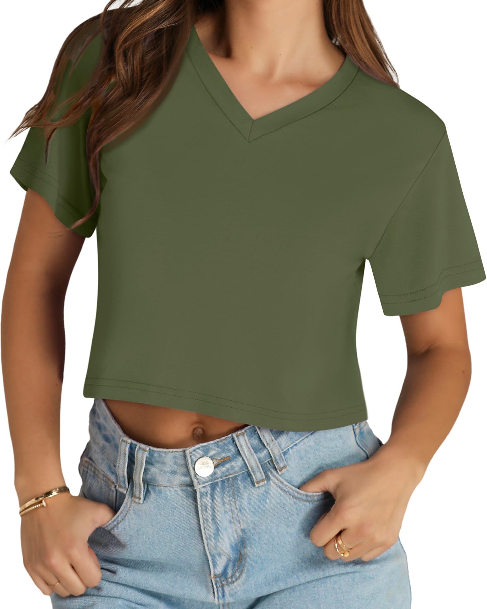 Womens Crop Tops Summer Baisc Tees V Neck T Shirts Casual Short Sleeve Cropped Top 2026