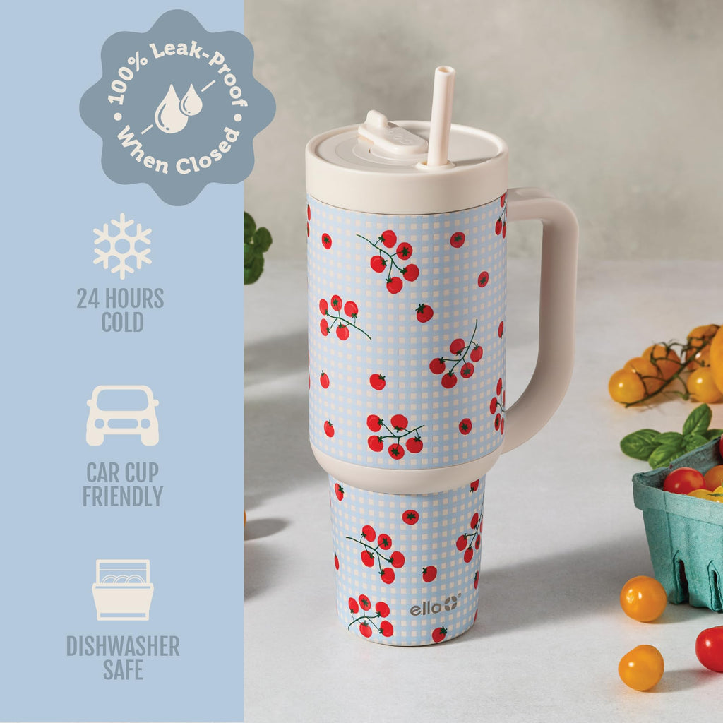 Ello Oasis 24 oz Tumbler with Handle & Retracting Straw | Reusable Insulated Stainless Steel Cup 100% Leakproof, Gifts for Teens Women Men | Keeps cold for 24 Hours, Cup Holder Friendly, Cream Tonal