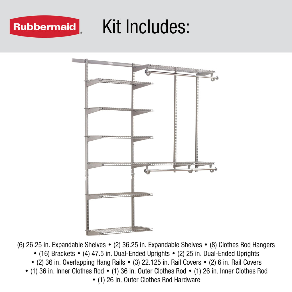 Rubbermaid Configurations Deluxe Custom Closet Kit, 3-6 Ft. Adjustable Metal Wire Shelving, Titanium Finish, Expandable Organization System, Hardware Included, for Home Closet/Pantry/Laundry/Mudroom