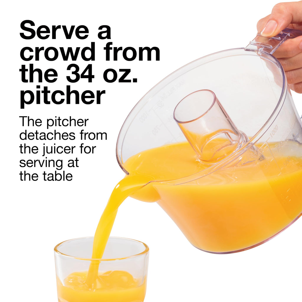 Proctor Silex Electric Citrus Juicer Machine, Large 34 oz. Pitcher, Pressure Activated, 2 Reamers for Big and Small Fruit, Pulp Control, for Orange, Lemon, Grapefruit Juice, White & Green (66340)