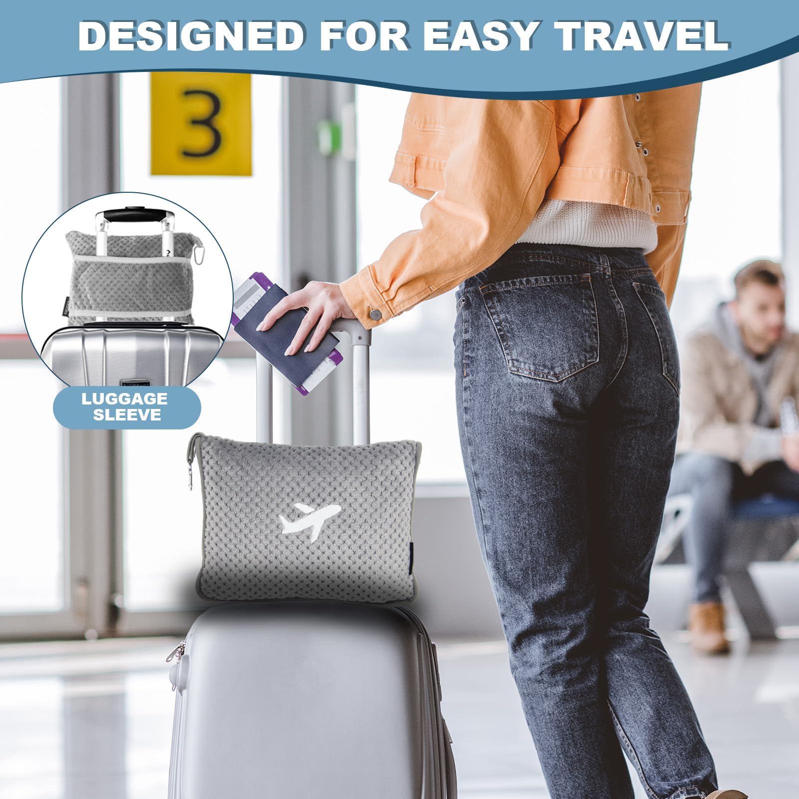 Travel Blanket Airplane Compact with Bag, Travel Essentials 3 in 1 Packable Airplane Blanket, Travel Pillow and Blanket Set, Inflatable Pillow, Luggage Sleeve & Backpack Clip (Camel)