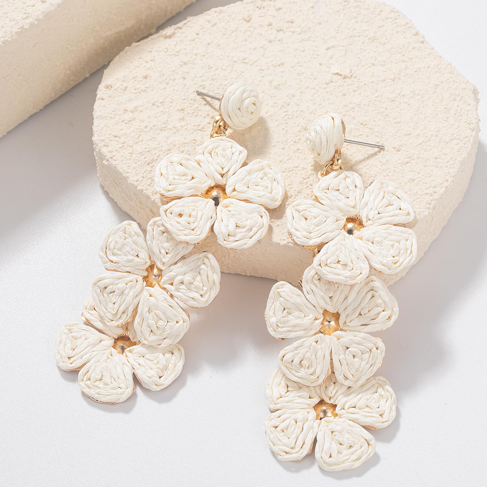 Boho Flower Earrings Statement Raffia Dangle Earrings Cute Floral Jewelry Trendy Summer Beach Vacation Outfits for Women