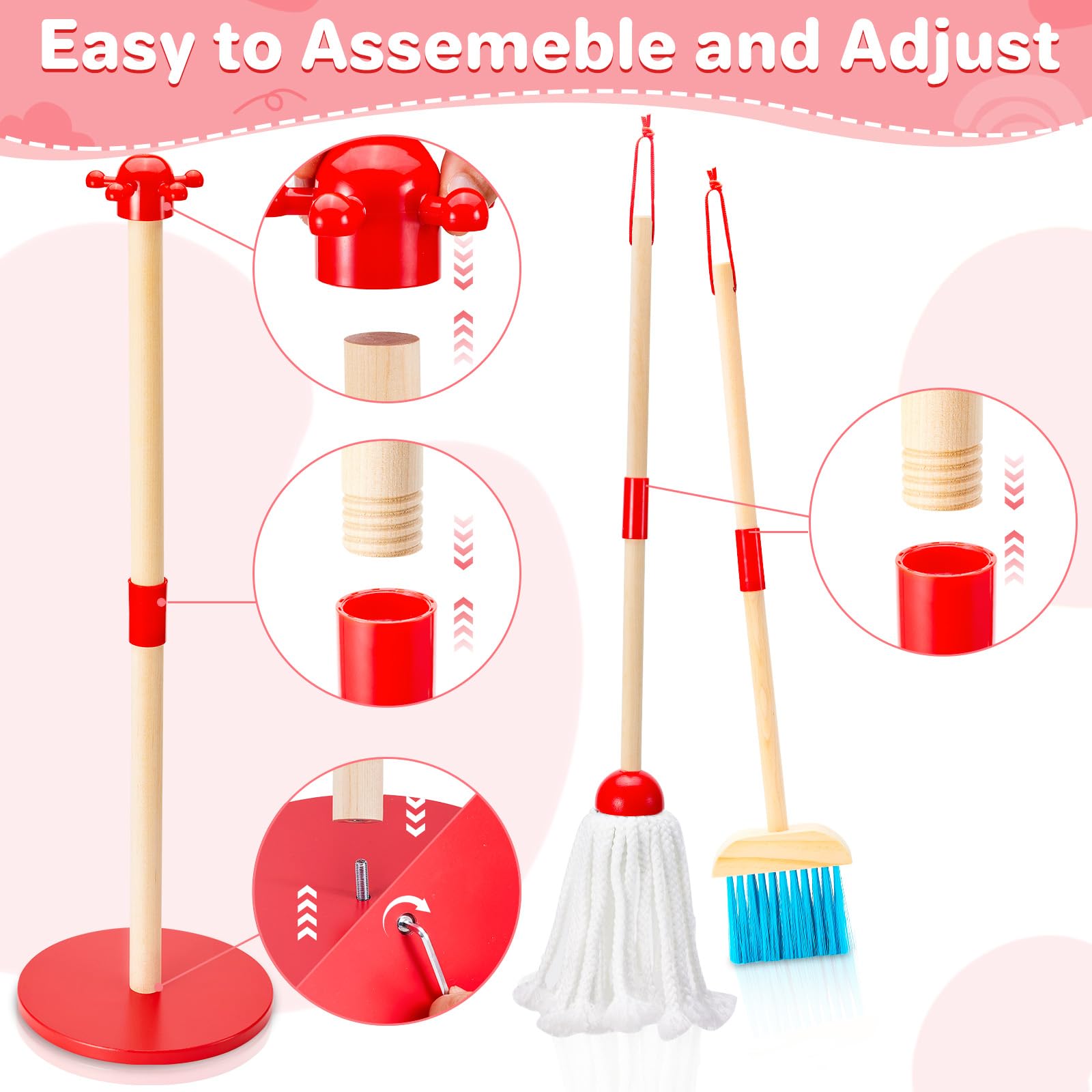 WHOHOLL Wooden Kids Cleaning Toy Set Toddler Broom and Dustpan Set for Housekeeping 9 Pcs Broom and Mop Set for Toddlers 3-6, Cleaning Toys with Sponge, Christmas Birthday Gifts for Boys Girls