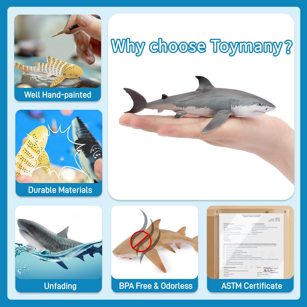 Toymany 10PCS 5-6" L Realistic Shark Bath Toy Figurines, Plastic Ocean Sea Animals Figures Set Includes Great White Shark Cake Toppers Christmas Birthday Gift for Kids Toddlers
