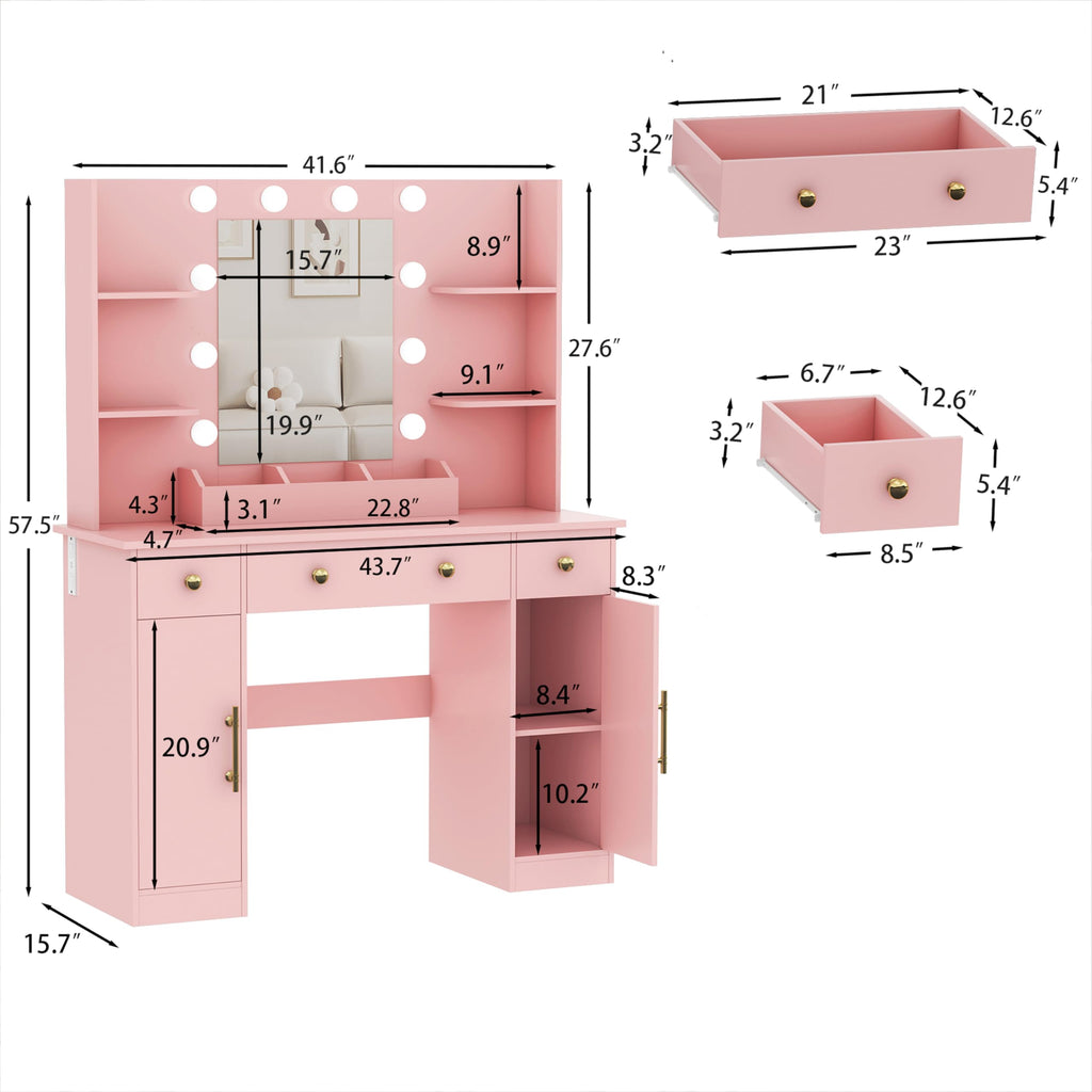 HUANLEGO Vanity Desk with Mirror and Lights, Makeup Vanity with Mirror and LED Lights & Power Outlet, 3 Drawers and Cabinets, 3 Lighting Modes Dressing Table Set for Girls Women Bedroom,Oak