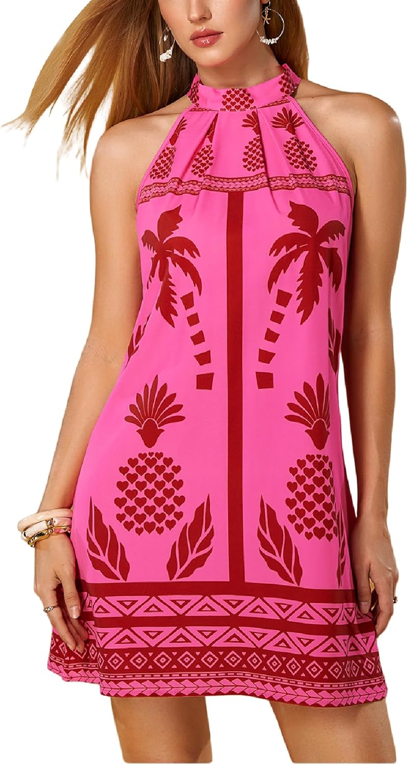 Floerns Women's Sleeveless Floral Print Sundress Halter Neck A Line Short Dress