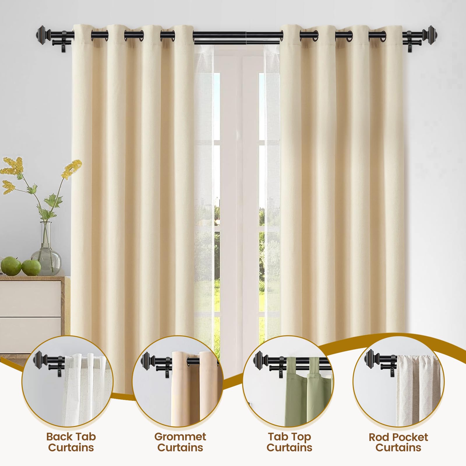 KAMANINA 1 Inch Double Curtain Rods 36 to 72 Inches (3-6 Feet) Telescoping Dark Silver Curtain Rod for Windows 24 to 68 Inches, Heavy Duty Drapery Rods with Square Finials